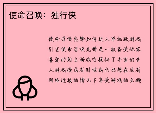 使命召唤:独行侠 使命召唤:独行侠